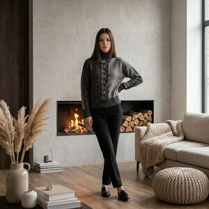 W by Worth Colorblock Cable Knit Sweater - Grey/Charcoal Mock Neck Wool Blend S